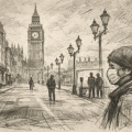 デッサンタッチで描かれたロンドンの閑散とした通り。ビッグ・ベンを背景に、マスク姿の人物が立つパンデミック下の風景。