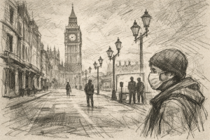 デッサンタッチで描かれたロンドンの閑散とした通り。ビッグ・ベンを背景に、マスク姿の人物が立つパンデミック下の風景。