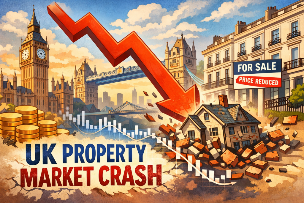 ロンドンのプライムロケーション不動産価格の下落を示すイラスト。ビッグ・ベンや高級住宅と下向き矢印で英国不動産バブル崩壊を表現。