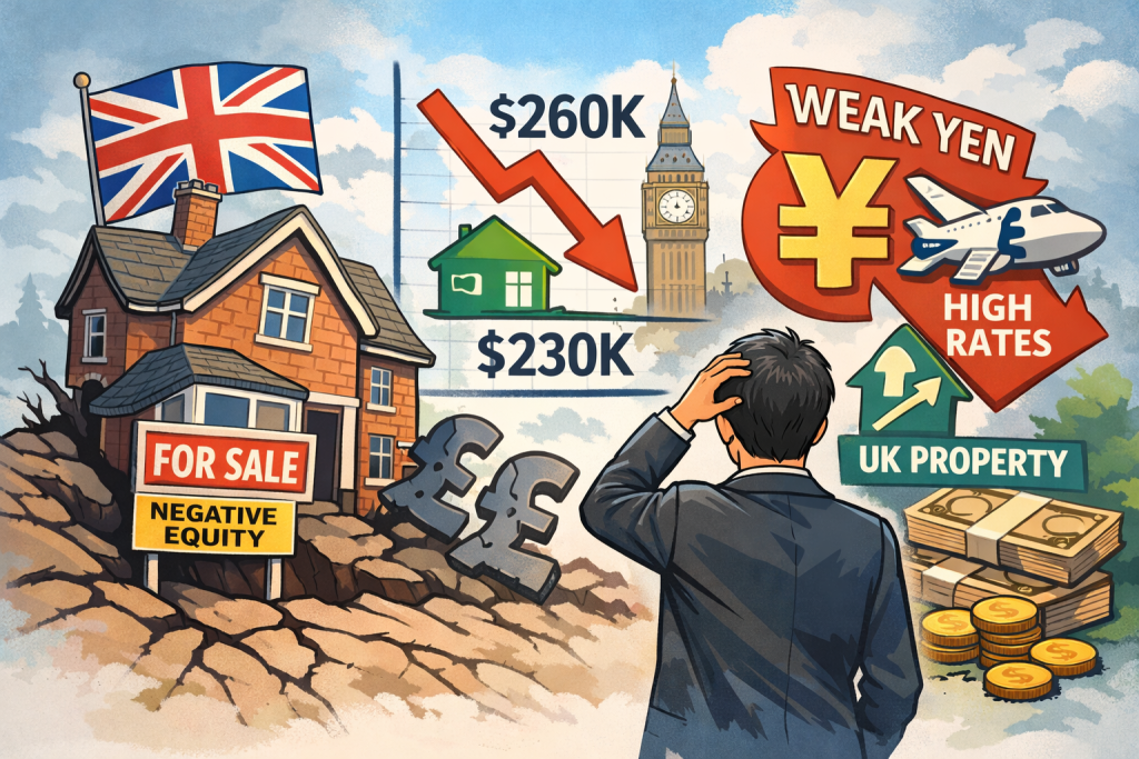 イギリスのネガティブエクイティ問題と弱い日本円を背景に、不動産投資リスクを考える投資家のイラスト