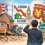 イギリスのネガティブエクイティ問題と弱い日本円を背景に、不動産投資リスクを考える投資家のイラスト