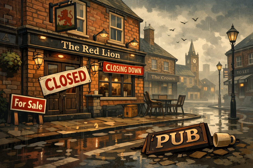 2026年に閉鎖が相次ぐイギリスのパブを描いたイラスト。雨の街並みの中、「Closed」や「For Sale」の看板が掲げられた赤レンガの伝統的パブの外観。