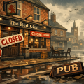 2026年に閉鎖が相次ぐイギリスのパブを描いたイラスト。雨の街並みの中、「Closed」や「For Sale」の看板が掲げられた赤レンガの伝統的パブの外観。