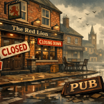 2026年に閉鎖が相次ぐイギリスのパブを描いたイラスト。雨の街並みの中、「Closed」や「For Sale」の看板が掲げられた赤レンガの伝統的パブの外観。