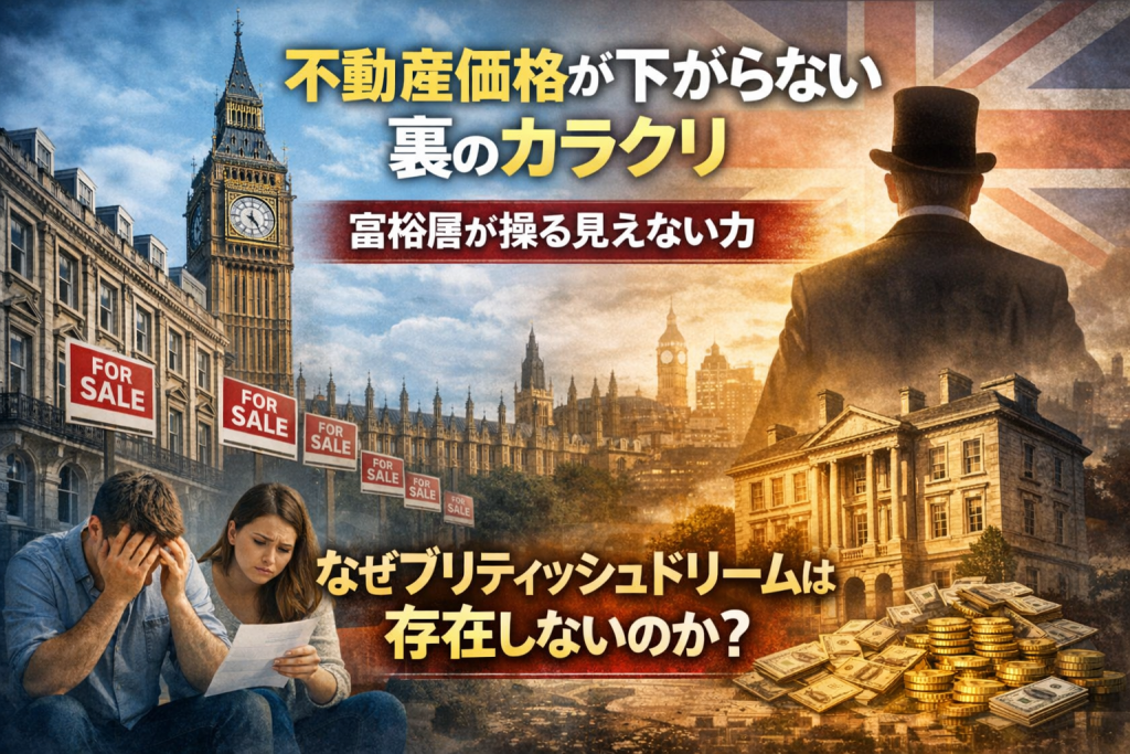 ロンドンのビッグベンと売り出し中の住宅、落胆する若い夫婦と豪邸を背にした富裕層の男性を対比し、不動産価格が下がらない英国市場の構造を象徴的に表現したイメージ
