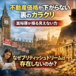 ロンドンのビッグベンと売り出し中の住宅、落胆する若い夫婦と豪邸を背にした富裕層の男性を対比し、不動産価格が下がらない英国市場の構造を象徴的に表現したイメージ