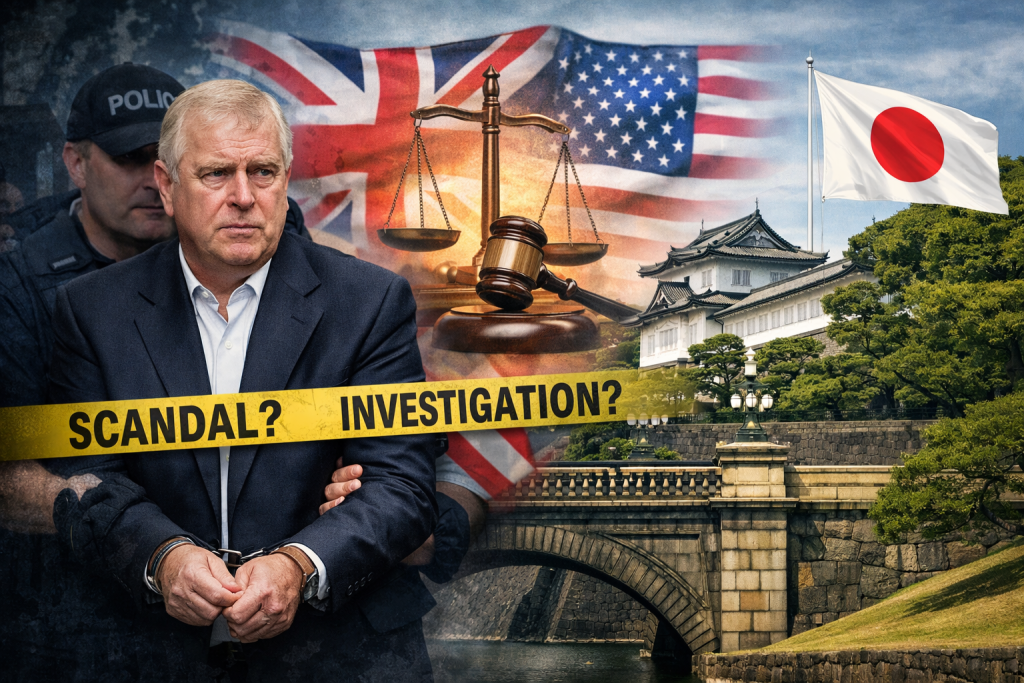 アンドルー王子が手錠をかけられた姿を中心に、背後にイギリス国旗とアメリカ国旗、司法の天秤、日本の皇居と日の丸が配置され、「SCANDAL?」「INVESTIGATION?」のテープが横切る合成ニュースビジュアル。