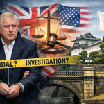 アンドルー王子が手錠をかけられた姿を中心に、背後にイギリス国旗とアメリカ国旗、司法の天秤、日本の皇居と日の丸が配置され、「SCANDAL?」「INVESTIGATION?」のテープが横切る合成ニュースビジュアル。
