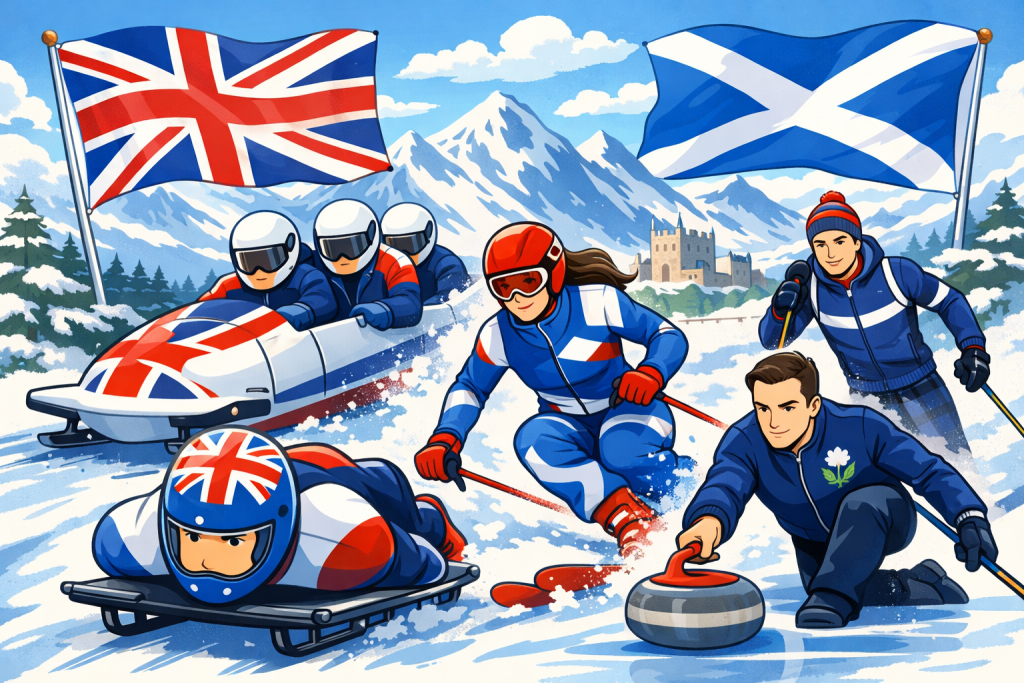 スコットランドの雪山を背景に、冬季オリンピックに挑むイギリス代表選手たちを描いたイラスト