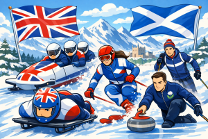 スコットランドの雪山を背景に、冬季オリンピックに挑むイギリス代表選手たちを描いたイラスト