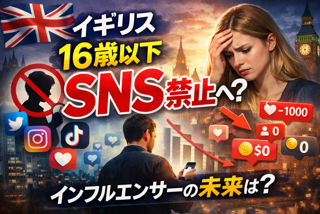 イギリスの16歳未満SNS禁止をテーマにしたアイキャッチ画像。ユニオンジャックとビッグベンを背景に「16歳以下 SNS禁止へ？」の文字、禁止マーク付きのSNSアイコン、フォロワー減少や収益ゼロを示すグラフィック、スマホを見る若者と困惑する女性インフルエンサーが描かれている。