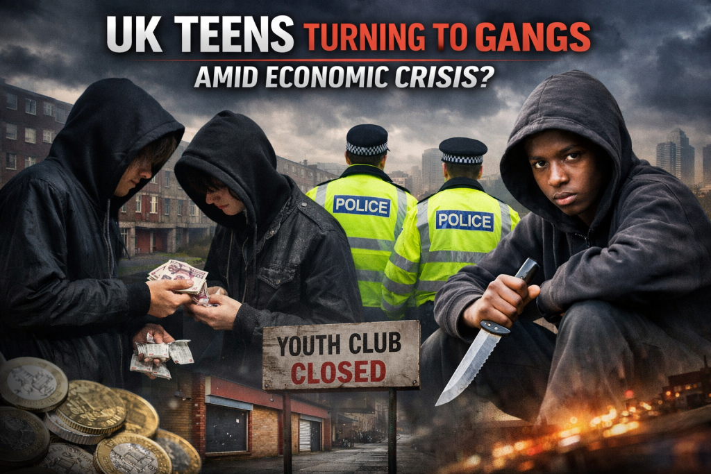 景気低迷下の英国都市を背景に、パーカー姿の若者と警察官、「YOUTH CLUB CLOSED」の看板が配置されたイメージ画像