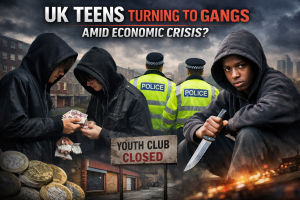 景気低迷下の英国都市を背景に、パーカー姿の若者と警察官、「YOUTH CLUB CLOSED」の看板が配置されたイメージ画像