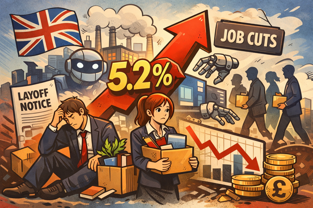 イギリス国旗を背景に、失業率5.2％の上昇を示す赤い矢印とリストラに直面する男女、AIロボットアームや下落グラフが描かれたイラスト