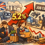 イギリス国旗を背景に、失業率5.2％の上昇を示す赤い矢印とリストラに直面する男女、AIロボットアームや下落グラフが描かれたイラスト