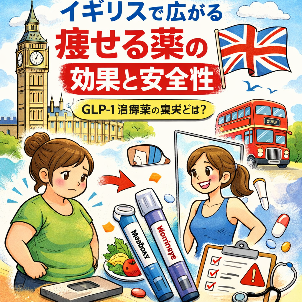 イギリスで普及する痩せる薬をテーマにしたイラスト。ビッグ・ベンやロンドンバスを背景に、GLP-1治療薬と体重減少のイメージを描写