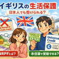 イギリスの生活保護（Universal Credit）をテーマに、日本人でも受給できるかを解説するイラスト。NRPF付きビザの女性と、永住権（ILR）カードとUniversal Credit書類を持つ男性、背景にビッグベンとタワーブリッジ。