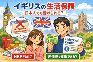 イギリスの生活保護（Universal Credit）をテーマに、日本人でも受給できるかを解説するイラスト。NRPF付きビザの女性と、永住権（ILR）カードとUniversal Credit書類を持つ男性、背景にビッグベンとタワーブリッジ。