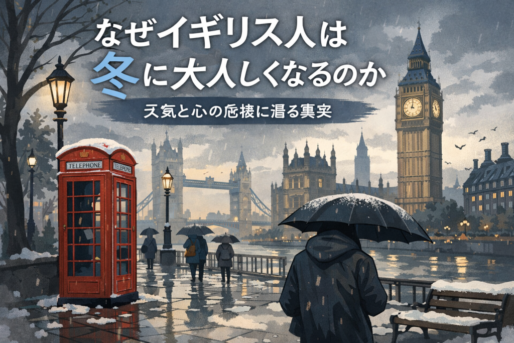 冬のロンドンで雨の中を傘を差して歩く人々と、曇天に包まれた街並みを描いたイラスト