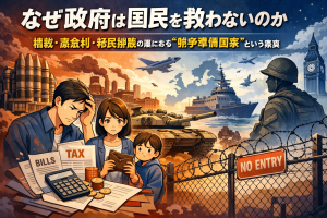 生活費高騰に苦しむ家族と請求書・税金書類の前で悩む姿、その背後に戦車や軍艦、戦闘機、鉄条網と「NO ENTRY」標識が描かれた戦争準備を暗示するイラスト