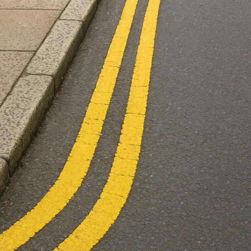 イギリスのダブルイエローラインの路面表示。黄色2本線が道路端に描かれている。