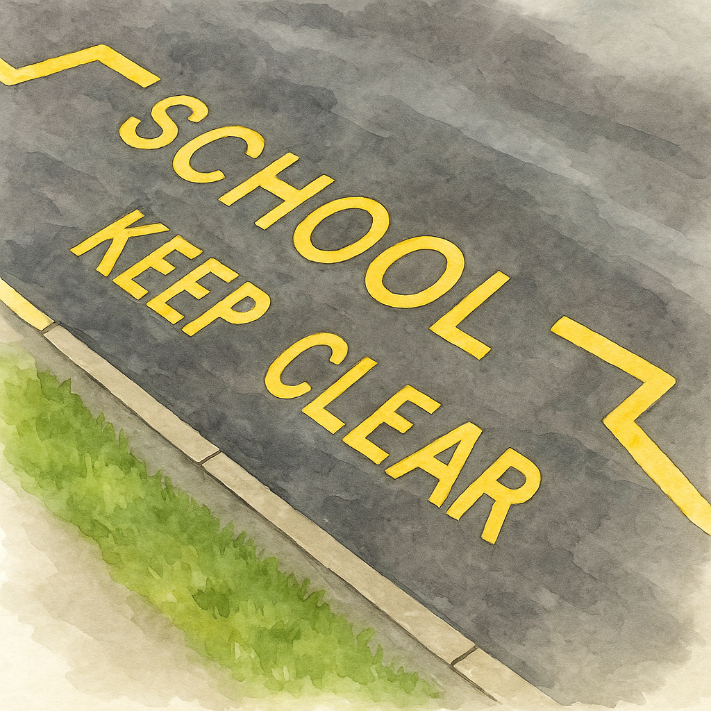学校前に描かれた黄色いジグザグ線と「SCHOOL KEEP CLEAR」の文字。